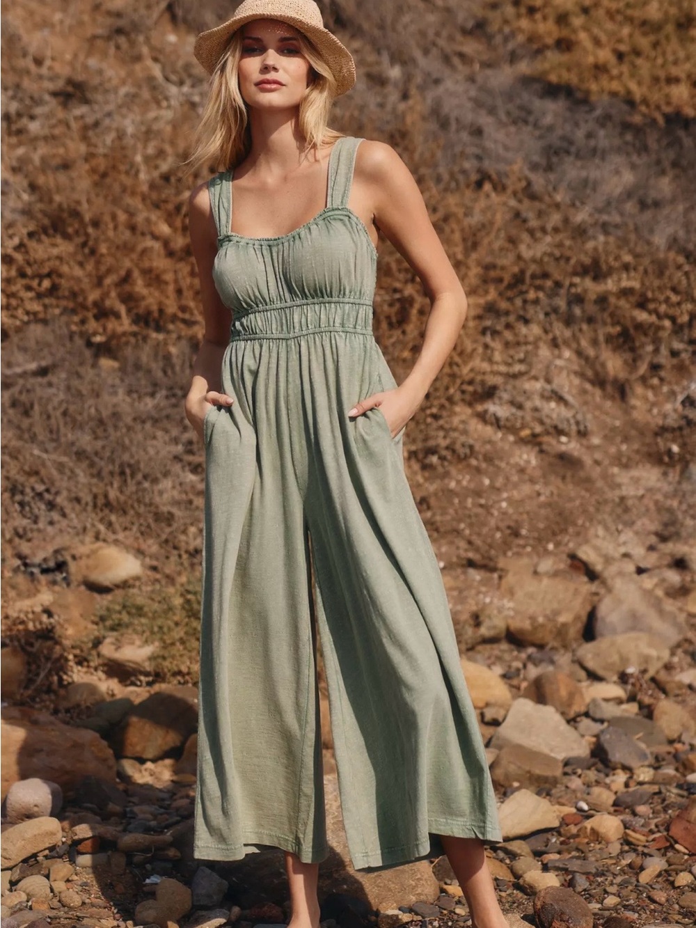 Anthropologie Simona Scoop-Neck Olive-Green Wide-Leg Cotton Jumpsuit